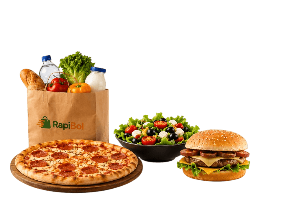 Pizza, hamburguesa, ensalada y bolsa de compras RapiBol